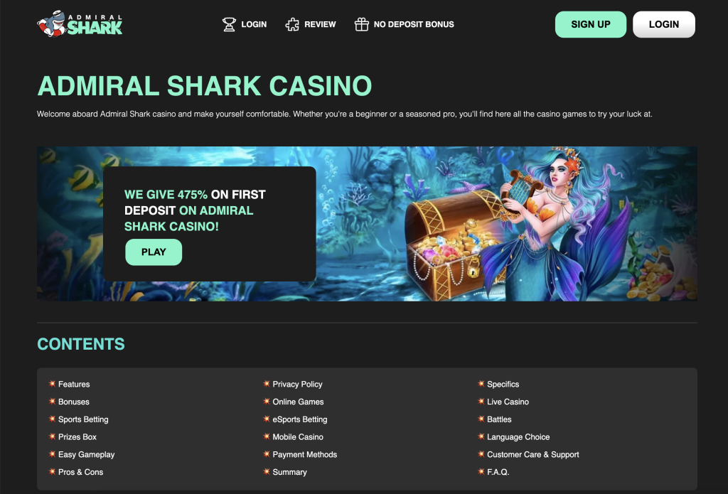 Image of admiral shark casino website