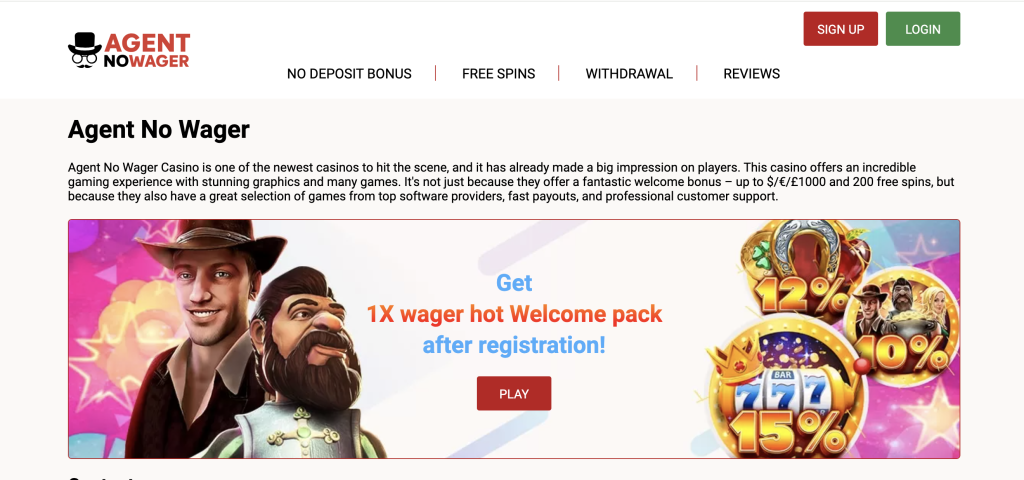 Image of Agent No Wager casino website