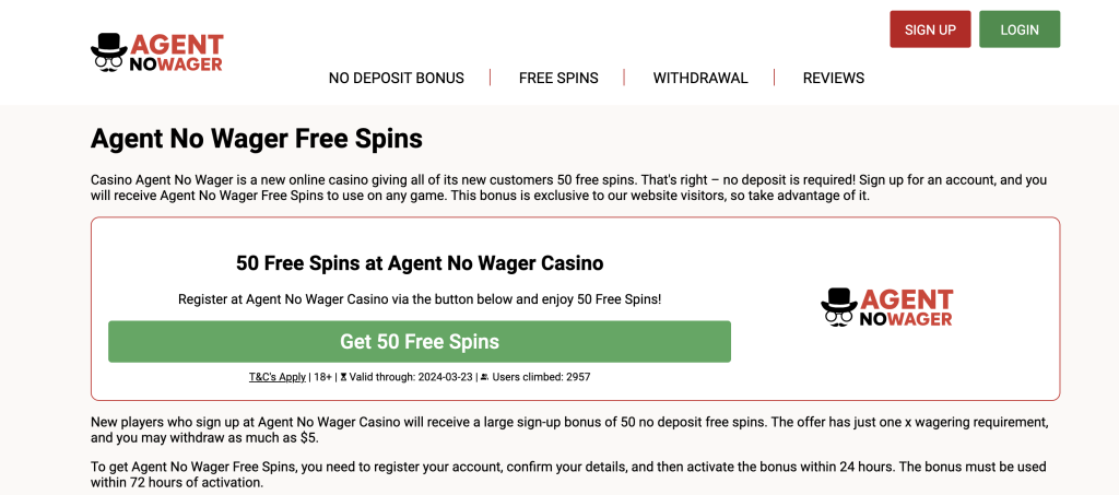 Image of Agent No Wager casino website