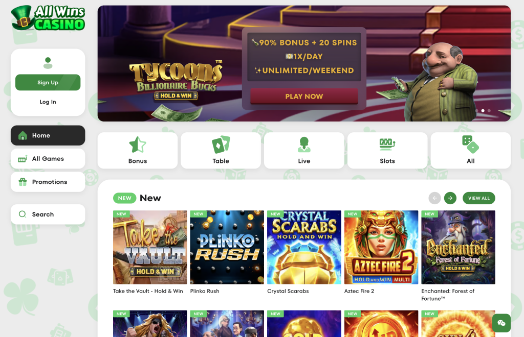 Image of All Wins casino website