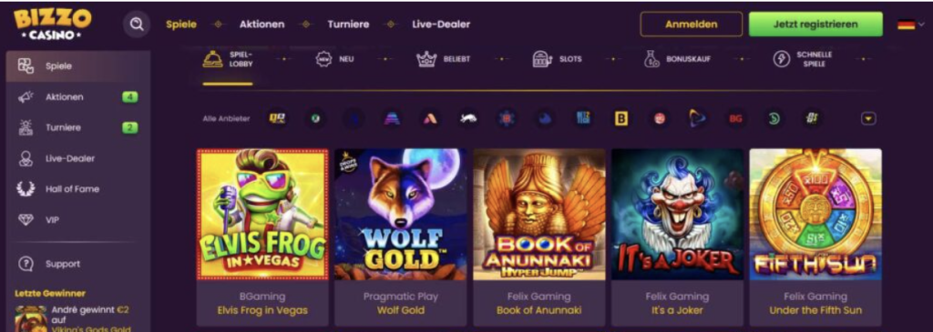 Image of Bizzo Casino website