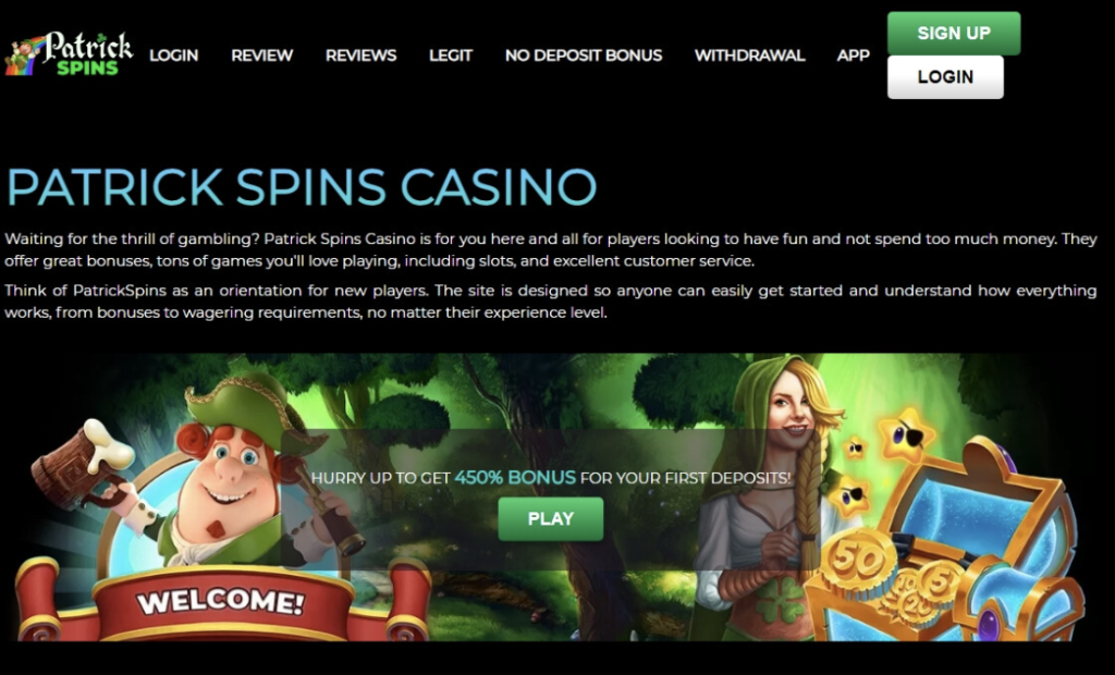 Image of Patrick Spins Casino website